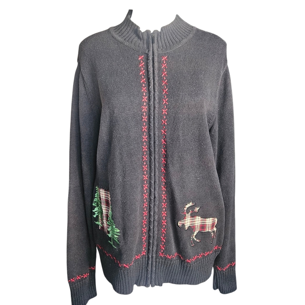 Bechamel Vintage Med Black‎ Holiday Full Zip Cardigan Moose Xmas Tree Appliques